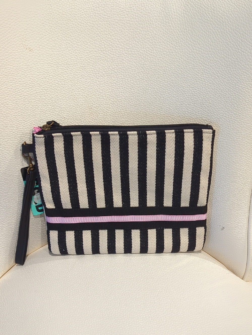 Striped Black and Cream Wristlet Clutch with Pink Trim